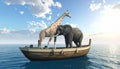 Elephant and a giraffe together on a boat in the middle of the sea. This is a 3d rend Royalty Free Stock Photo