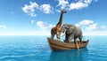 Elephant and a giraffe together on a boat in the middle of the sea. This is a 3d rend Royalty Free Stock Photo