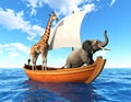 Elephant and a giraffe together on a boat in the middle of the sea. This is a 3d rend Royalty Free Stock Photo