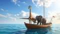 Elephant and a giraffe together on a boat in the middle of the sea. This is a 3d rend Royalty Free Stock Photo