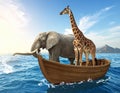 Elephant and a giraffe together on a boat in the middle of the sea. This is a 3d rend Royalty Free Stock Photo