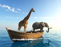 Elephant and a giraffe together on a boat in the middle of the sea. This is a 3d rend Royalty Free Stock Photo