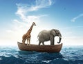 Elephant and a giraffe together on a boat in the middle of the sea. This is a 3d rend Royalty Free Stock Photo