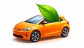 Orange Eco car concept drive with leaf icon isolated on white background. Green energ Royalty Free Stock Photo