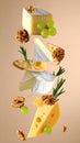 Different types of cheese, crackers, grapes, rosemary and walnuts in air on dark beig Royalty Free Stock Photo