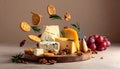 Different types of cheese, crackers, grapes, rosemary and walnuts in air on dark beig Royalty Free Stock Photo