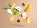 Different types of cheese, crackers, grapes, rosemary and walnuts in air on dark beig Royalty Free Stock Photo