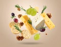 Different types of cheese, crackers, grapes, rosemary and walnuts in air on dark beig Royalty Free Stock Photo