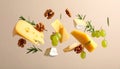 Different types of cheese, crackers, grapes, rosemary and walnuts in air on dark beig Royalty Free Stock Photo