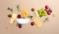 Different types of cheese, crackers, grapes, rosemary and walnuts in air on dark beig Royalty Free Stock Photo