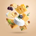 Different types of cheese, crackers, grapes, rosemary and walnuts in air on dark beig Royalty Free Stock Photo