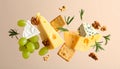Different types of cheese, crackers, grapes, rosemary and walnuts in air on dark beig Royalty Free Stock Photo
