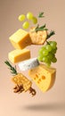 Different types of cheese, crackers, grapes, rosemary and walnuts in air on dark beig Royalty Free Stock Photo