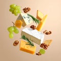 Different types of cheese, crackers, grapes, rosemary and walnuts in air on dark beig Royalty Free Stock Photo
