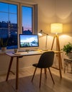 A comfortable workplace with a computer and lamp on the wooden desk in the home Office Royalty Free Stock Photo