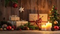Traditional christmas decoration on wooden background with candles and gifts Royalty Free Stock Photo