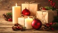 Traditional christmas decoration on wooden background with candles and gifts Royalty Free Stock Photo