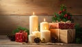 Traditional christmas decoration on wooden background with candles and gifts Royalty Free Stock Photo