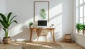 Bohemian Style Home Office with Rattan Furniture and Green Plants Royalty Free Stock Photo