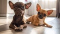 Small brown dog, poppy chihuahua plus pug. Chug. Puppy in the home with one ear stand Royalty Free Stock Photo