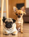 Small brown dog, poppy chihuahua plus pug. Chug. Puppy in the home with one ear stand Royalty Free Stock Photo