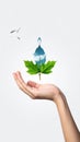 Vector sign environment friendly, hand and leaf. creative concept. Royalty Free Stock Photo