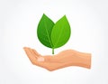 Vector sign environment friendly, hand and leaf. creative concept. Royalty Free Stock Photo