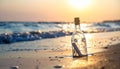 Bottle floating in the Sea. Bottle with a message on the sea waves Royalty Free Stock Photo