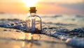 Bottle floating in the Sea. Bottle with a message on the sea waves Royalty Free Stock Photo