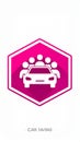 Iconic illustration set within a hexagonal shape featuring a stylized white car with five simplified human figures inside Royalty Free Stock Photo
