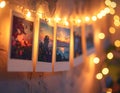 Nostalgic Instant Photos Hanging with Warm Fairy Lights Royalty Free Stock Photo