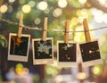 Nostalgic Instant Photos Hanging on a Rope with Warm Bokeh Lights Royalty Free Stock Photo