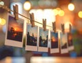 Instant Travel Memories: Photos Hanging on a String with Warm Bokeh Lights Royalty Free Stock Photo