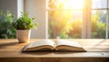 Generated image Book lying open on wooden table, soft shadows, minimal clean background, shallow depth of field Royalty Free Stock Photo