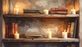 Books and Candles on Wooden Shelf with Gentle Flicker Royalty Free Stock Photo