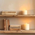 Books and Candles on Wooden Shelf with Gentle Flicker Royalty Free Stock Photo