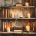 Books and Candles on Wooden Shelf with Gentle Flicker Royalty Free Stock Photo