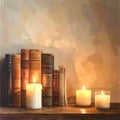 Books and Candles on Wooden Shelf with Gentle Flicker Royalty Free Stock Photo