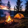 Wide Shot of Tent and Fire beneath Twilight Sky Royalty Free Stock Photo