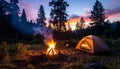 Wide Shot of Tent and Fire beneath Twilight Sky Royalty Free Stock Photo