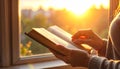Hands Turning Book Pages by Window in Warm Light Royalty Free Stock Photo