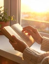 Hands Turning Book Pages by Window in Warm Light Royalty Free Stock Photo