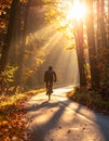 Cycling Path Through Autumn Forest with Sunlight Royalty Free Stock Photo