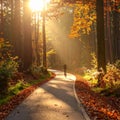 Cycling Path Through Autumn Forest with Sunlight Royalty Free Stock Photo