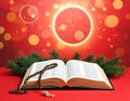 Christmas red background with Bible and rosary on the table Royalty Free Stock Photo
