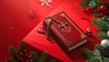 Christmas red background with Bible and rosary on the table Royalty Free Stock Photo
