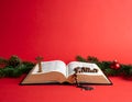 Christmas red background with Bible and rosary on the table Royalty Free Stock Photo