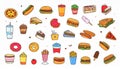 Set of fast food icons. Drinks, snacks and sweets. Colorful outlined icon collection. Royalty Free Stock Photo