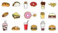 Set of fast food icons. Drinks, snacks and sweets. Colorful outlined icon collection. Royalty Free Stock Photo