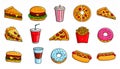 Set of fast food icons. Drinks, snacks and sweets. Colorful outlined icon collection. Royalty Free Stock Photo